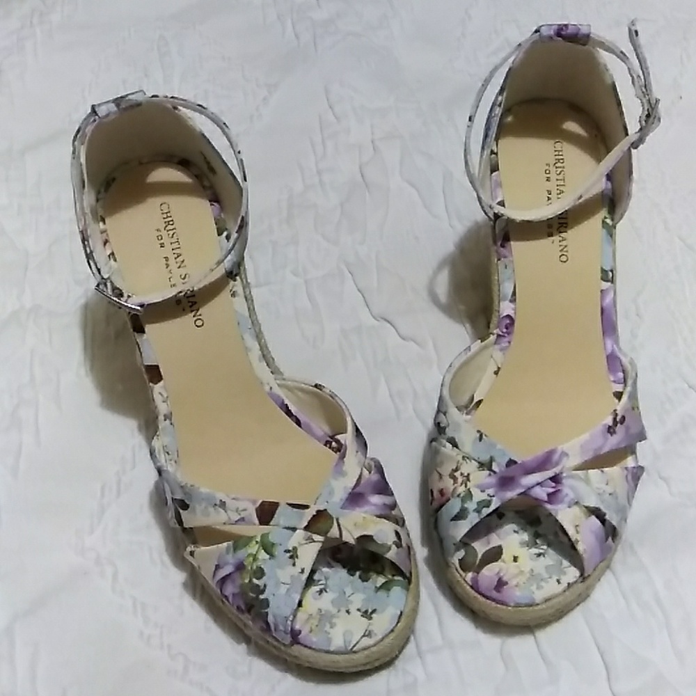 Cream floral wedges & purse for sale